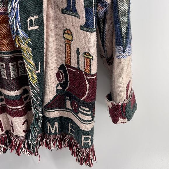 Vintage Handmade toy soldier train Christmas woven fringe long line blanket coat - Picture 4 of 7